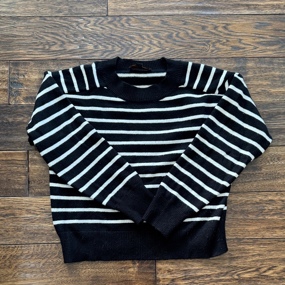 Black and White Striped Crew Neck Sweater